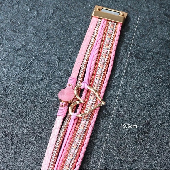 Pink Rhinestone Druzy and. Heart Faux Leather Fashion Bracelet BR02 - Picture 3 of 3